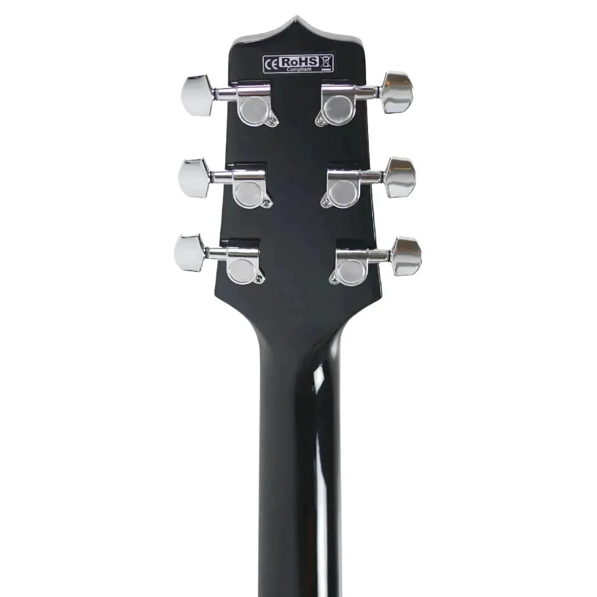 Back of Takamine GD30CE-BLK black acoustic-electric guitar headstock with six chrome die-cast tuners.