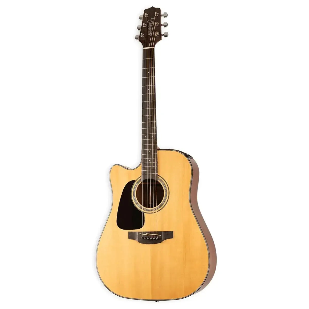 Left-handed Takamine GD30CE-LH natural acoustic-electric dreadnought guitar with solid spruce top.