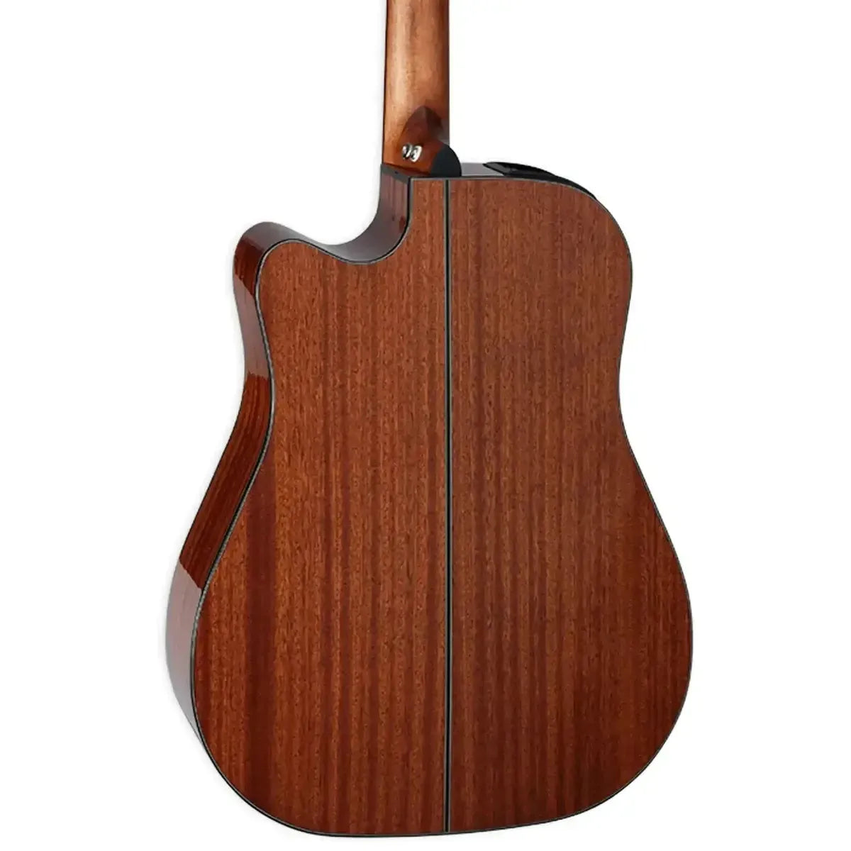 Back of a natural Takamine GD30CE dreadnought acoustic-electric guitar with mahogany back and sides.