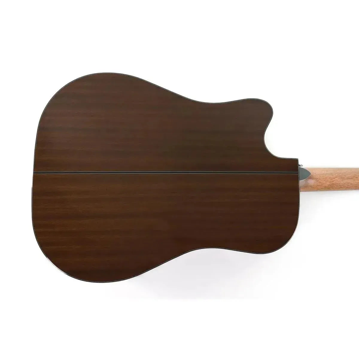 Back of a Takamine GD30CE Natural acoustic-electric guitar with dark okoume wood and light neck.