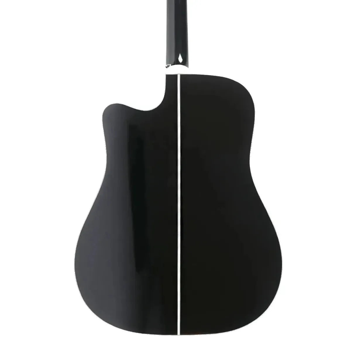 Takamine GD34CE-BLK black acoustic-electric dreadnought guitar, back view with cutaway.