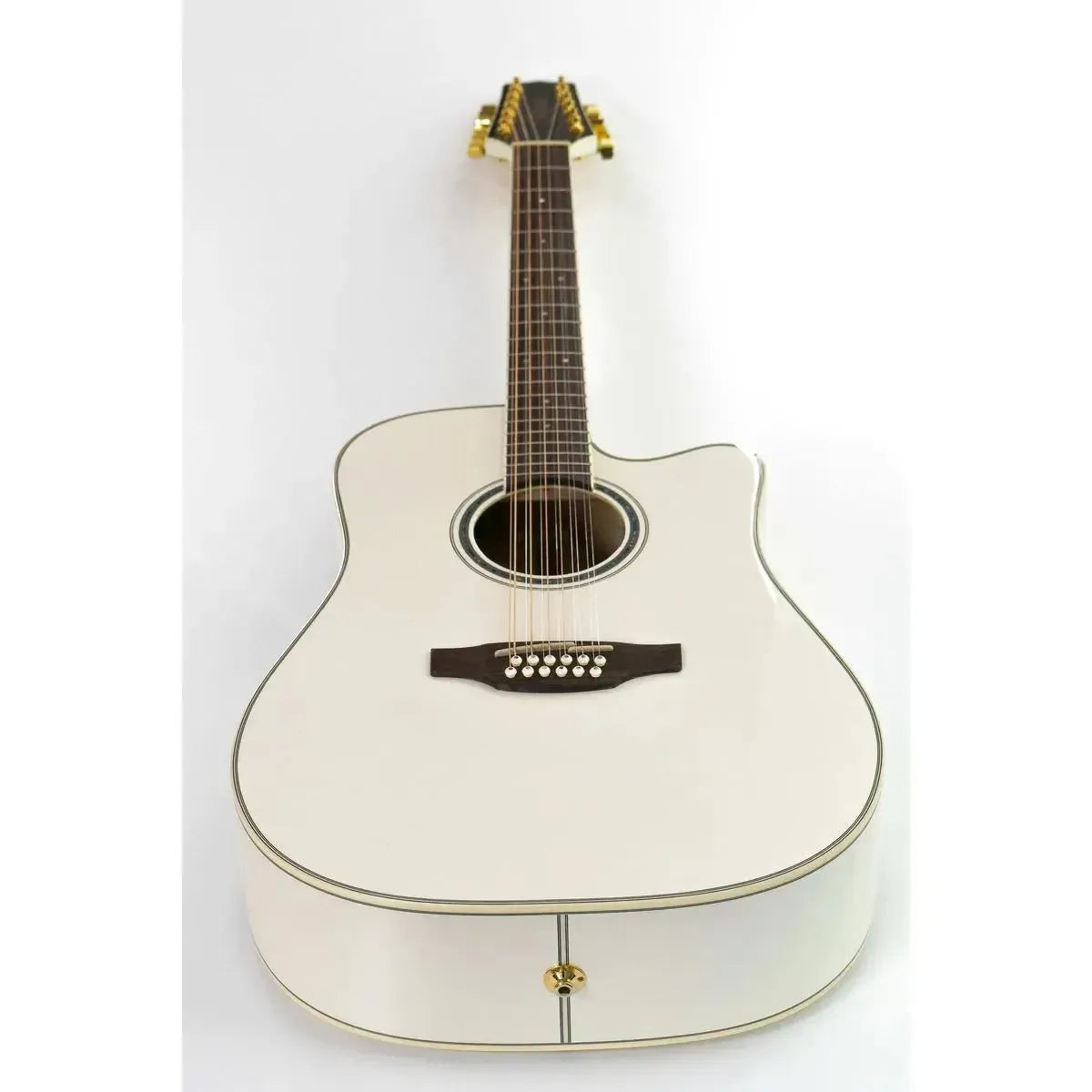 Takamine GD37CE-12 PW 12-string acoustic-electric guitar in gloss pearl white with gold hardware.