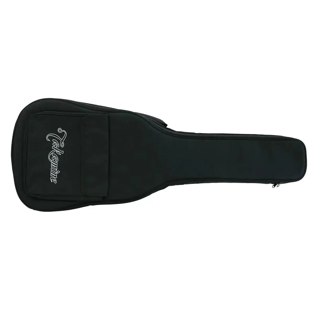 Black Takamine soft gig bag for acoustic electric guitar, with white embroidered logo and front pocket.