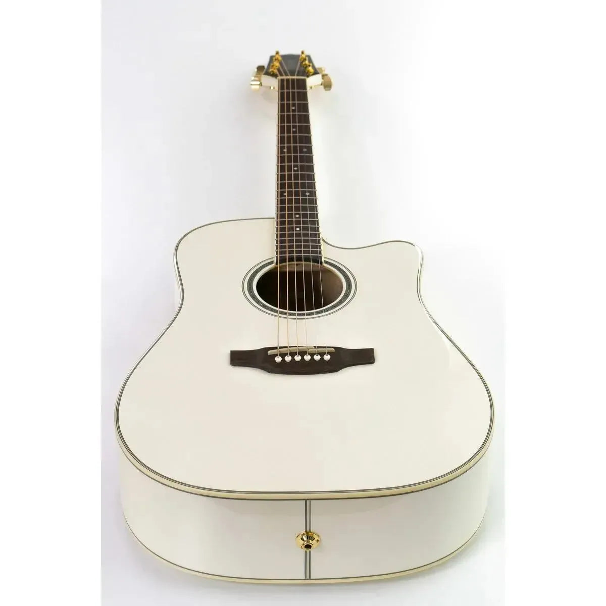 Takamine GD37CE PW acoustic-electric guitar in pearl white with gold hardware and cutaway body.