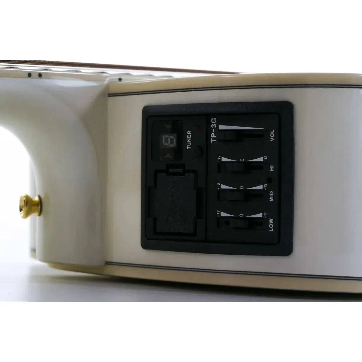Takamine GD37CE PW acoustic-electric guitar's TP-3G preamp and tuner on its pearl white body.