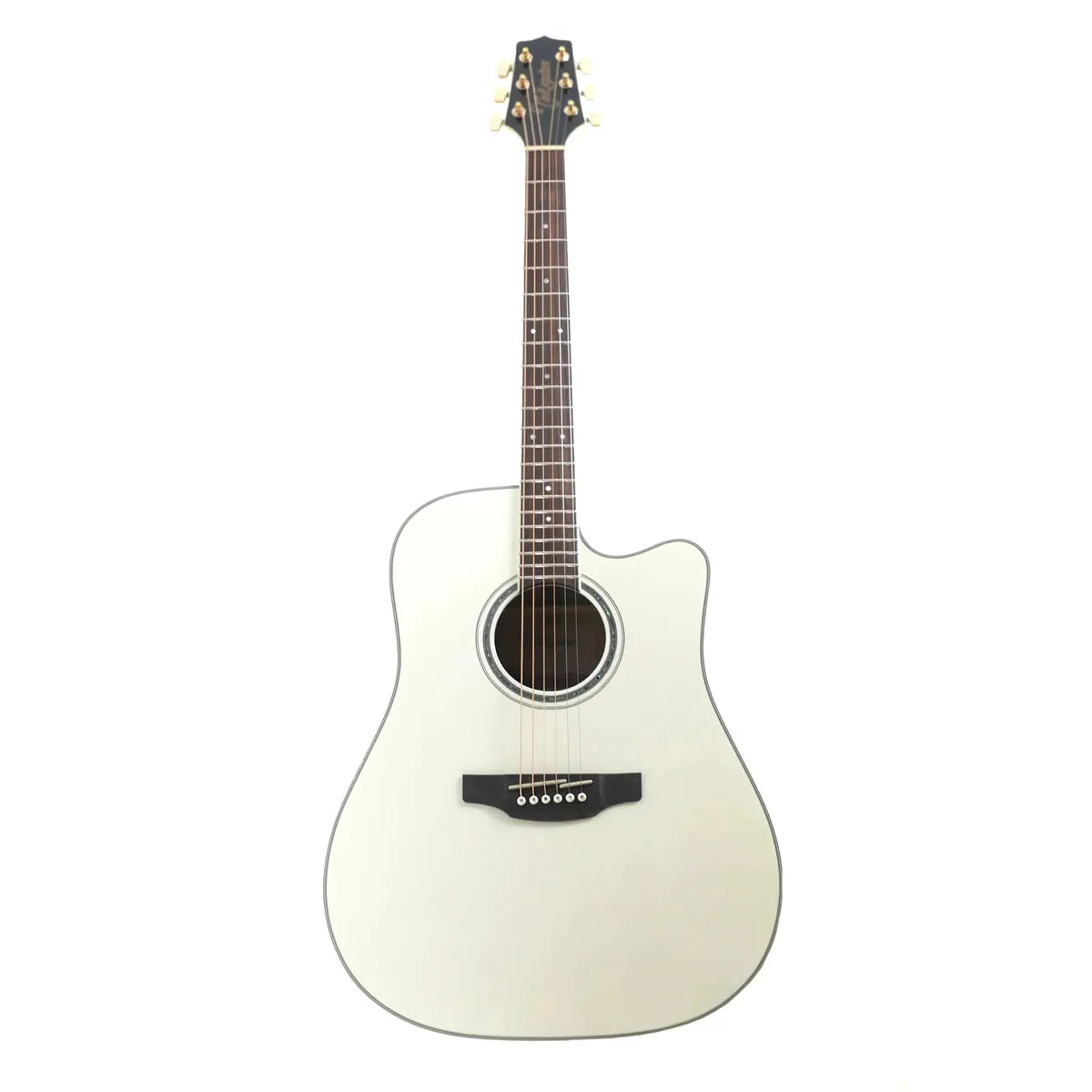 Takamine GD37CE-PW Pearl White acoustic-electric dreadnought guitar with cutaway, gold tuners, and dark bridge.