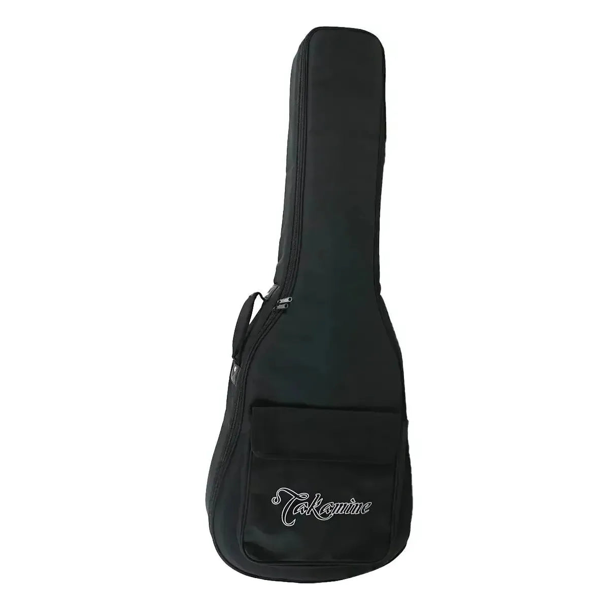 Black Takamine soft guitar case with white logo and front pocket.