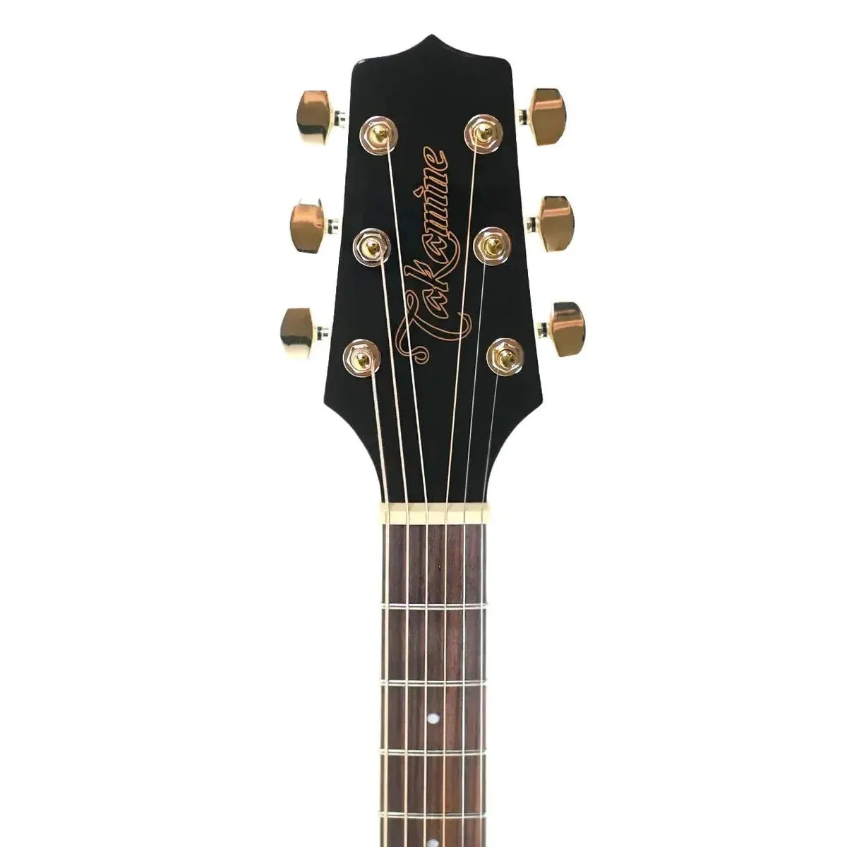 Takamine GD37CE-PW acoustic-electric guitar headstock with gold tuners, black finish, and logo.