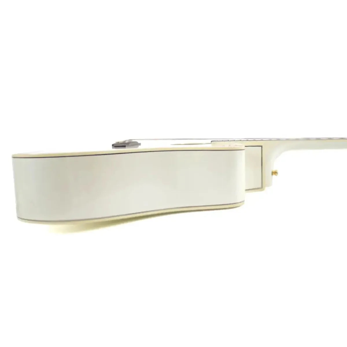 Side view of a Takamine GD37CE12-PW Pearl White 12-string acoustic-electric dreadnought guitar body.