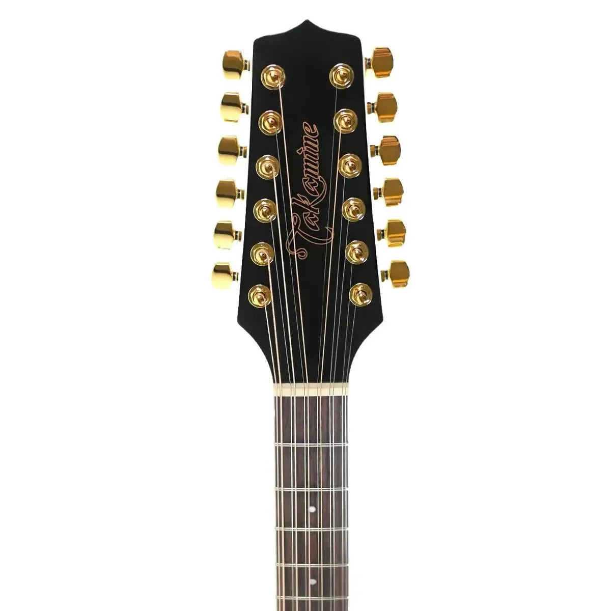 Takamine GD37CE12-PW 12-string acoustic-electric guitar headstock with gold tuners and logo.