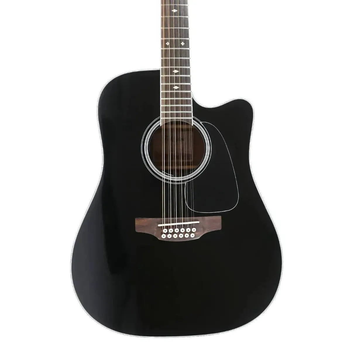 Takamine GD38CE-BLK black 12-string acoustic-electric dreadnought guitar with white binding and cutaway.