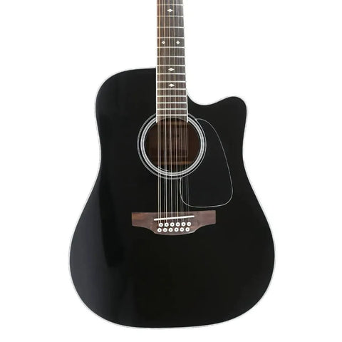 Takamine GD38CE-BLK black 12-string acoustic-electric dreadnought guitar with white binding and cutaway.