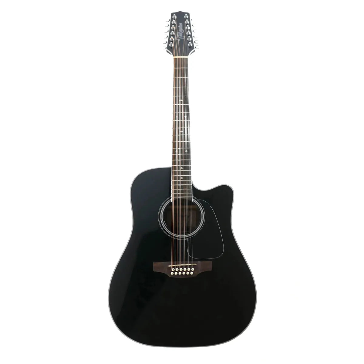 Takamine GD38CE-BLK black 12-string acoustic-electric dreadnought guitar with cutaway and white binding.