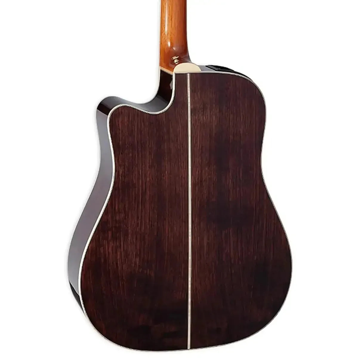Back of a Takamine GD71CE BSB acoustic-electric guitar, showcasing its dark brown walnut back and neck.
