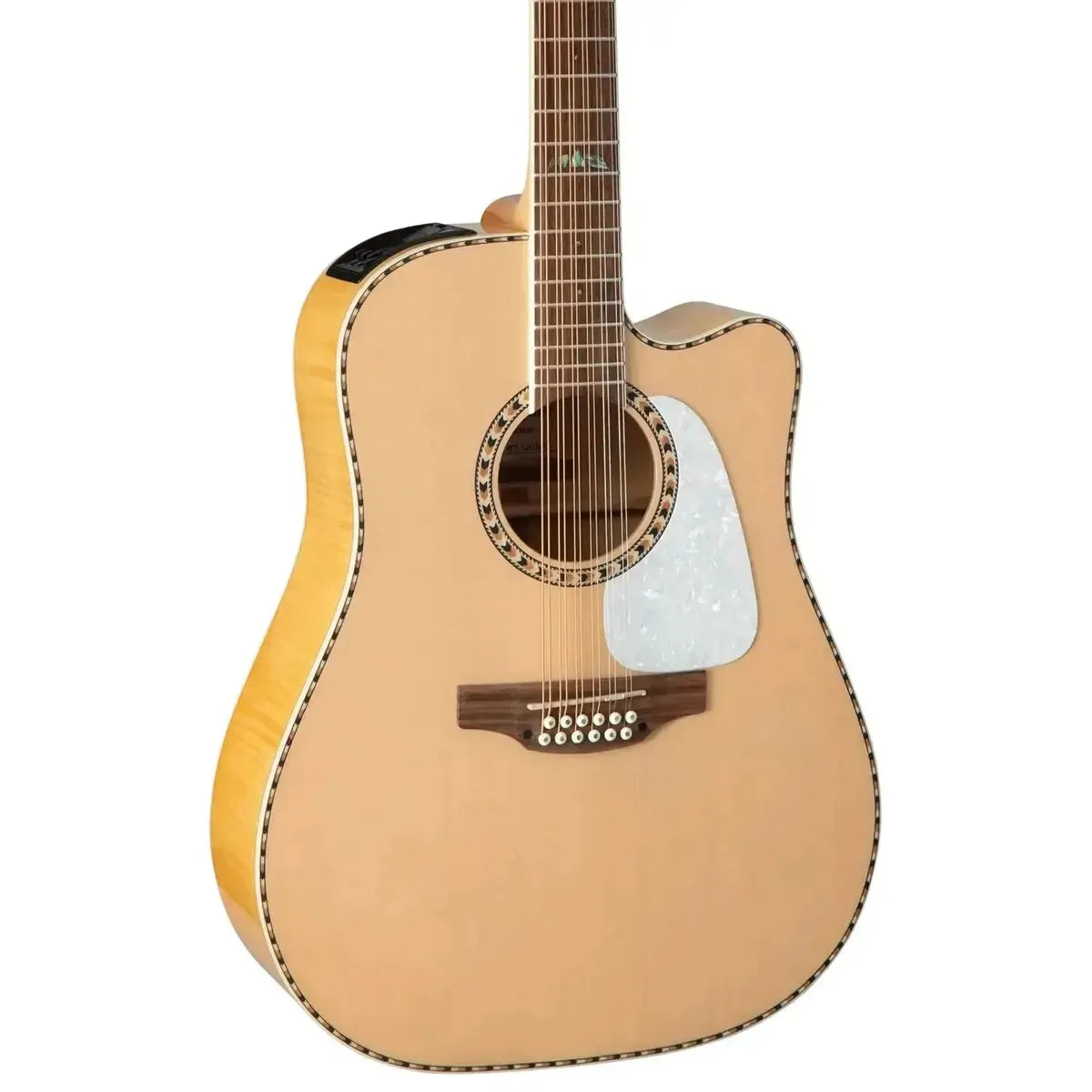 Takamine GD74CE-12U 12-string acoustic-electric guitar with natural spruce top, light wood back, and white pickguard.