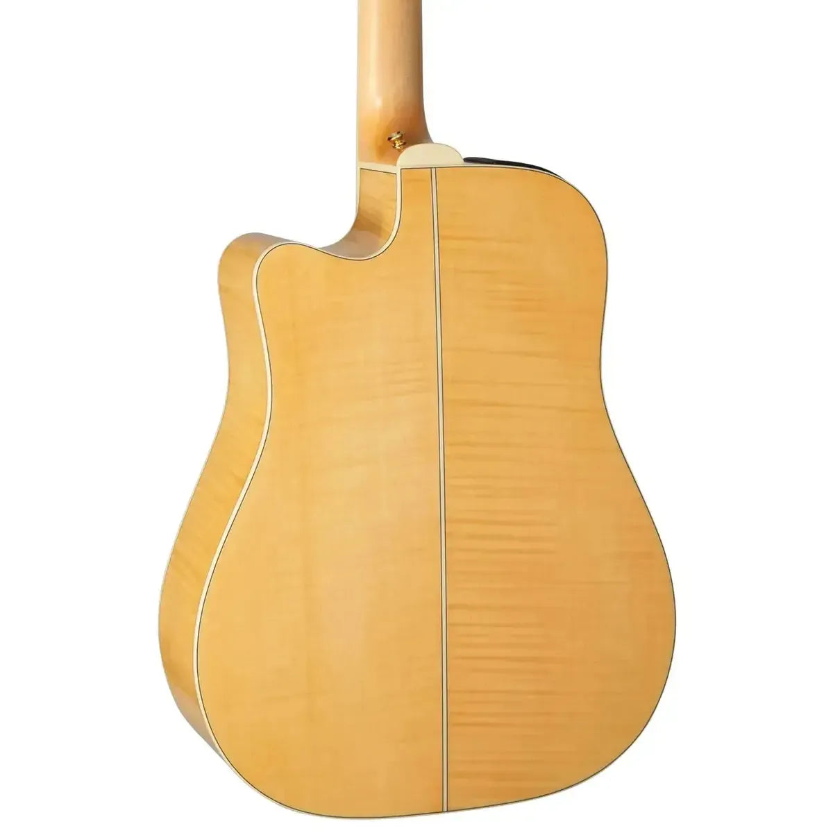 Back of a light wood Takamine GD74CE-12U 12-string acoustic-electric guitar with cutaway.