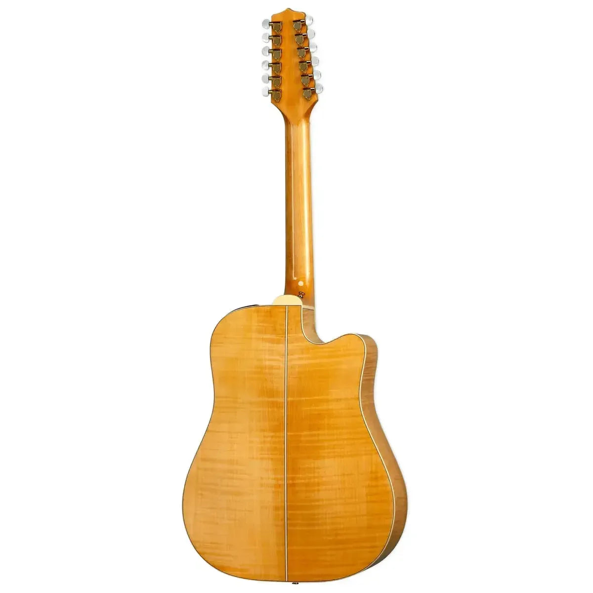 Back of a natural wood finish Takamine GD74CE-12ULH left-handed 12-string acoustic-electric guitar.