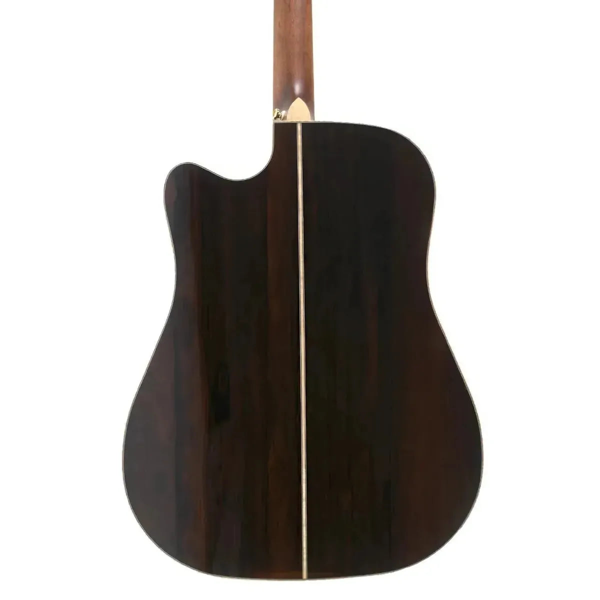 Back of a Takamine GD90CE-ZC Natural dreadnought acoustic-electric guitar with dark ziricote wood.