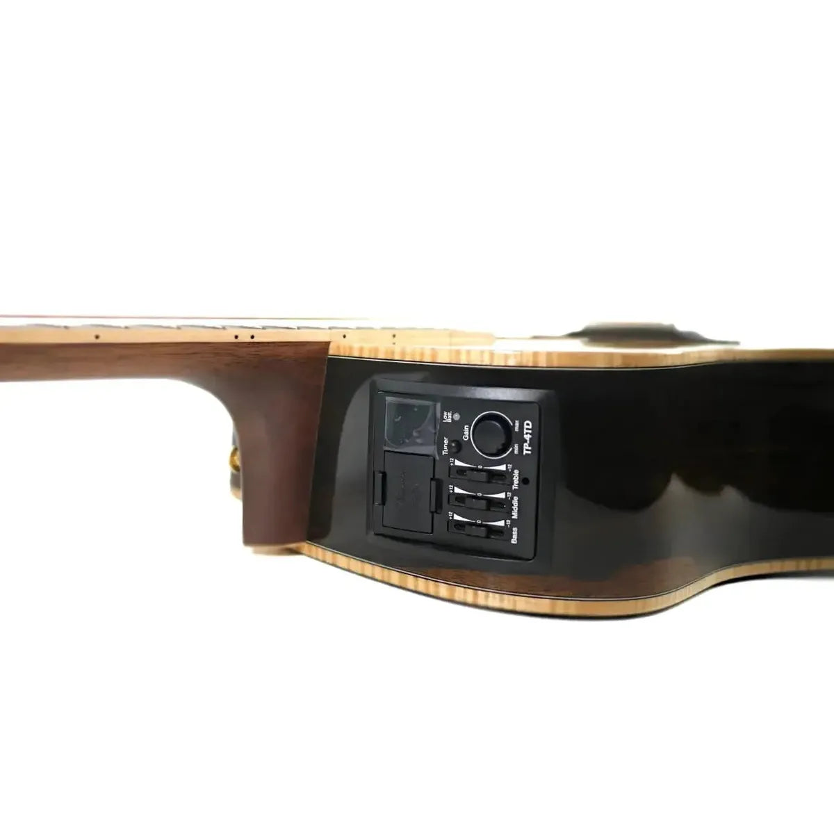 Takamine GD90CE-ZC acoustic-electric guitar's TP-4TD preamp with tuner, gain, bass, middle, and treble controls.