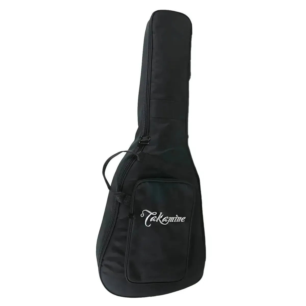 Black Takamine dreadnought guitar gig bag with white logo and front pocket.