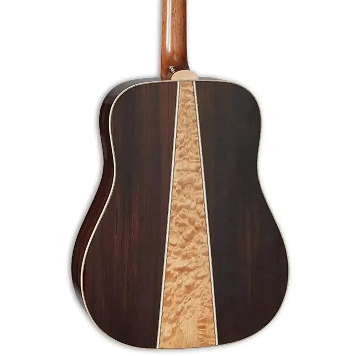Back of a Takamine GD93 NAT Natural Acoustic Guitar with dark walnut and quilt maple three-piece design.