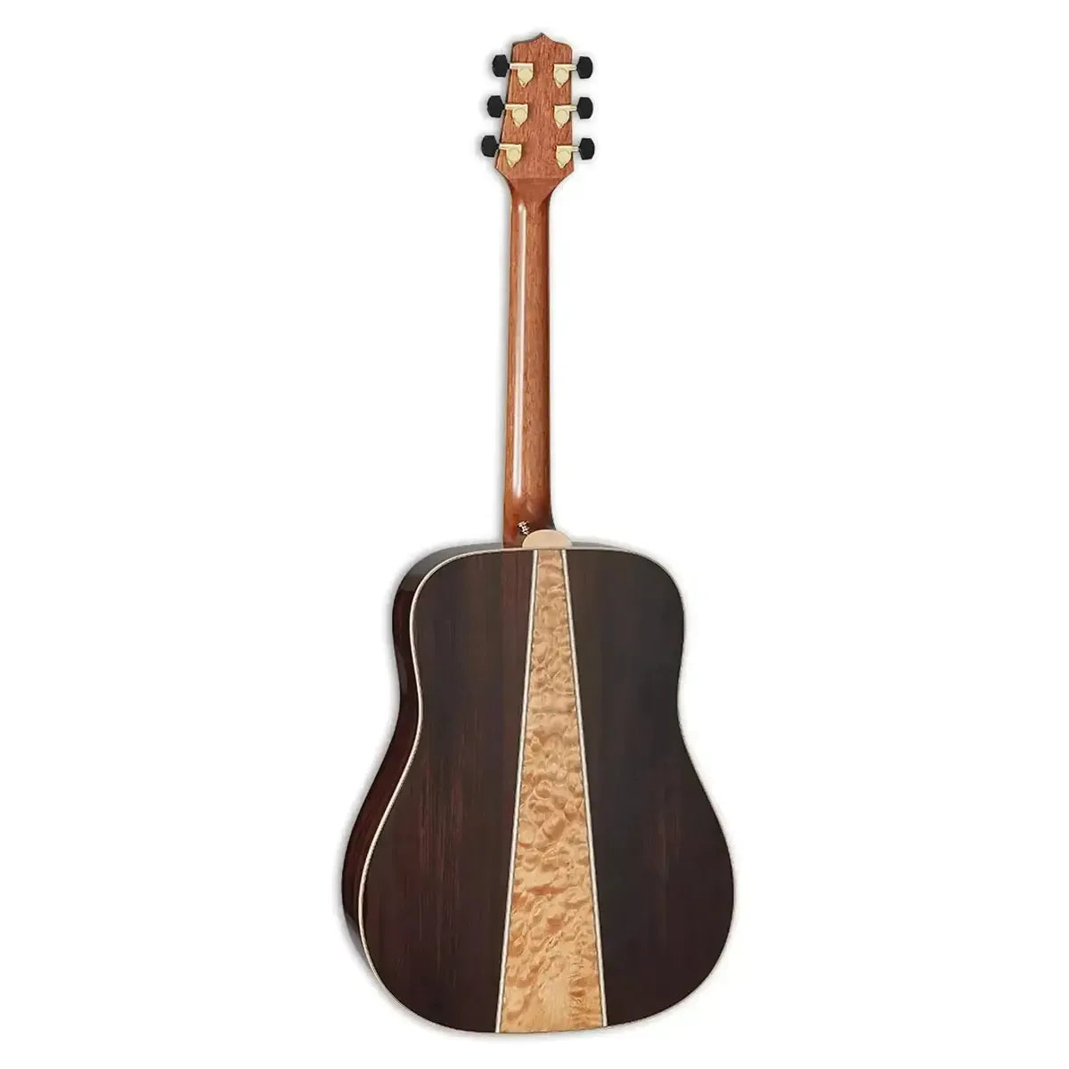 Takamine GD93 NAT acoustic guitar back with dark walnut and quilt maple three-piece design.