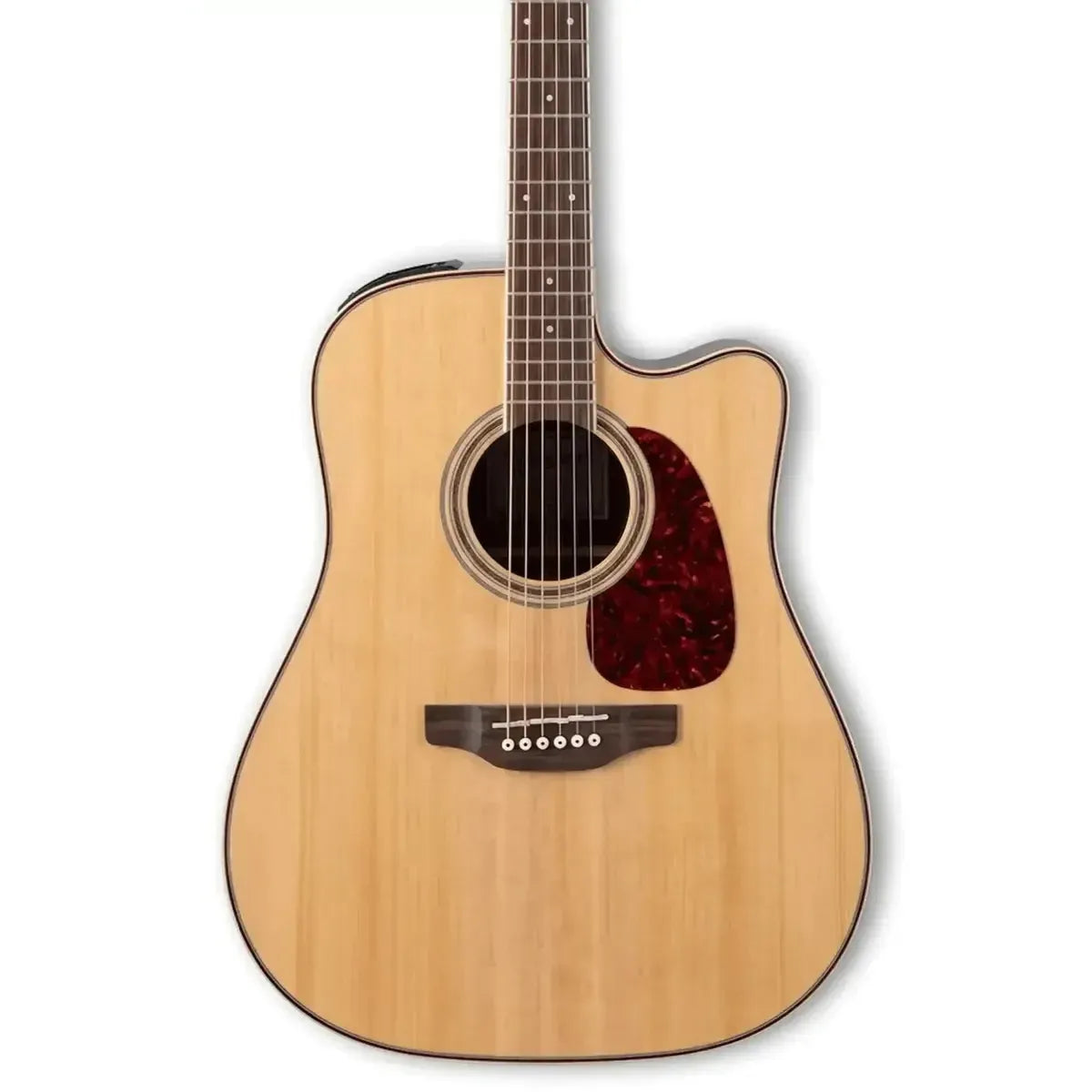 Takamine GD93CE-LH Natural Left-Handed Acoustic-Electric Guitar with light wood finish and red pickguard.