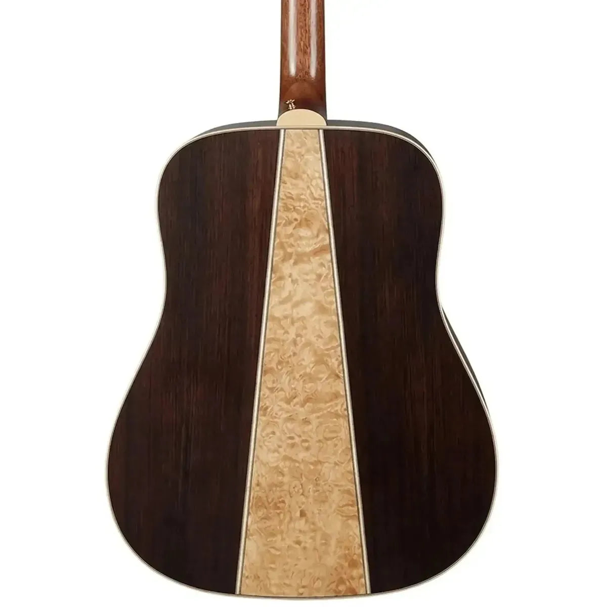Back of a Takamine GD93CE dreadnought acoustic-electric guitar with dark black walnut and light quilt maple.