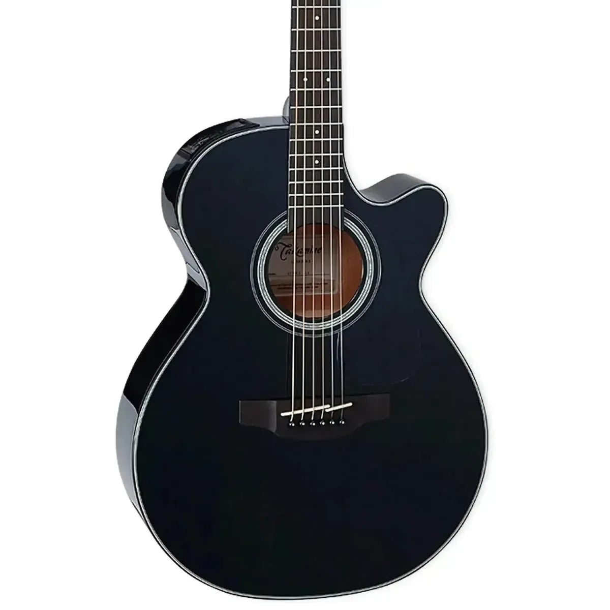 Takamine GF30CE BLK FX cutaway acoustic-electric guitar with a glossy black finish and white binding.