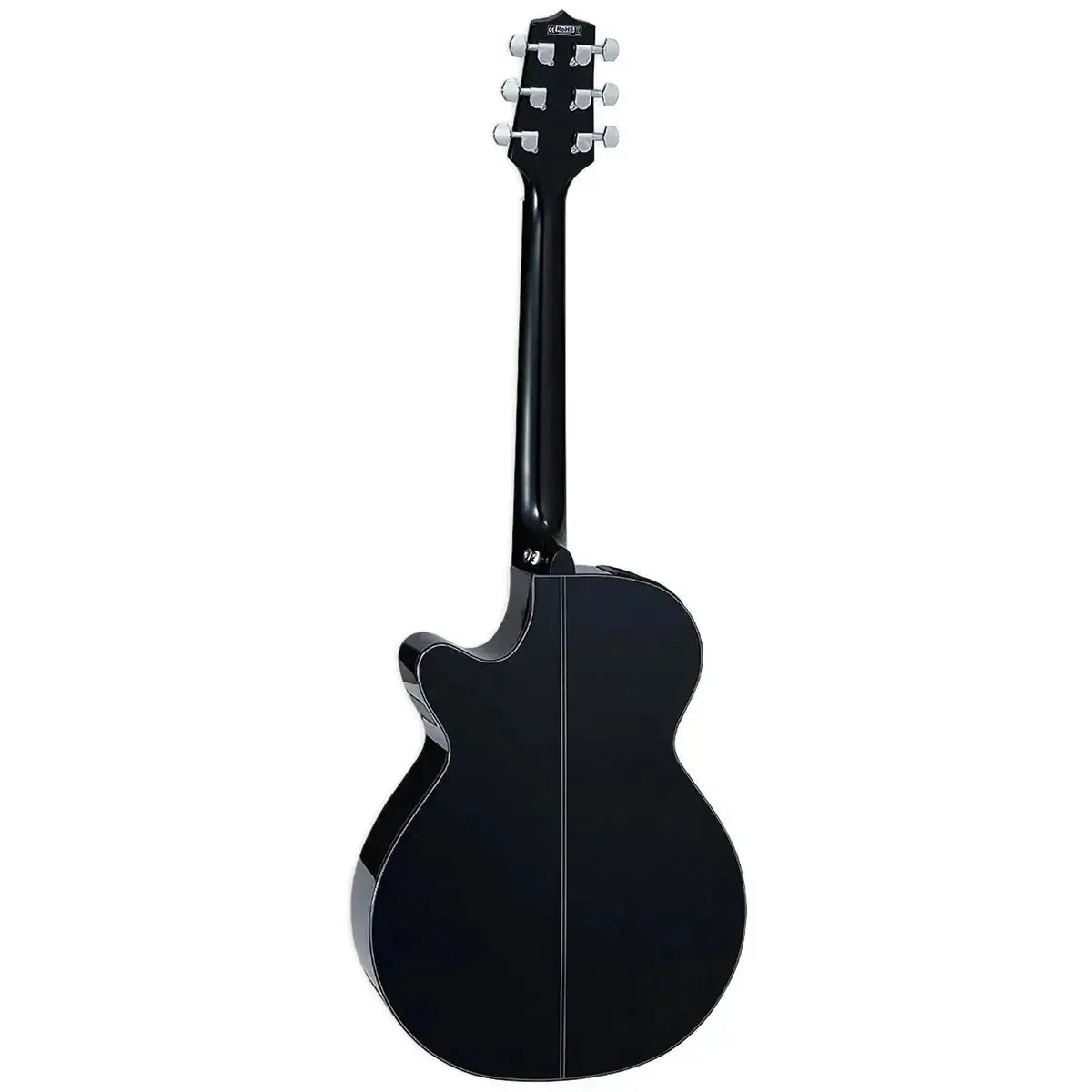 Back of a glossy black Takamine GF30CE BLK FX cutaway acoustic-electric guitar with a slim neck.