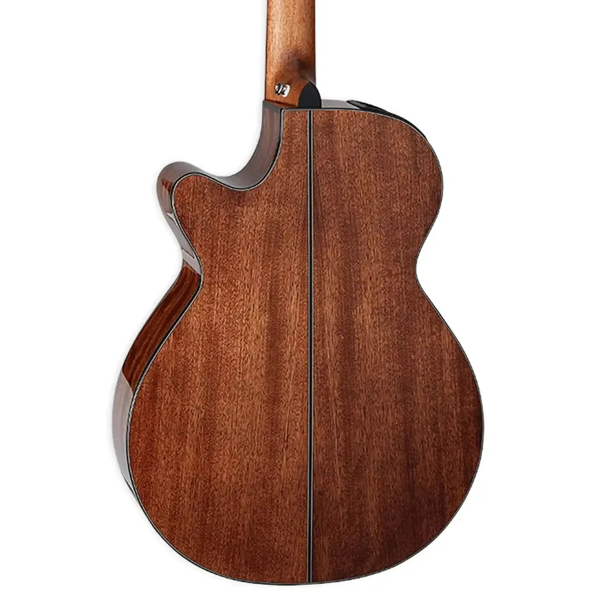 Back of a natural Takamine GF30CE cutaway acoustic-electric guitar, showing the okoume wood grain.