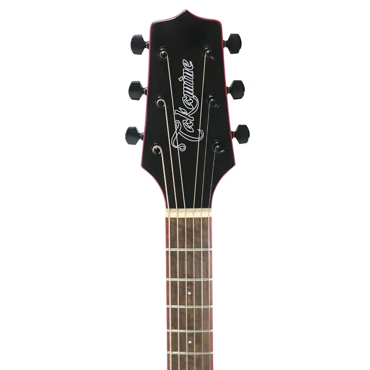 Takamine GF49CE-CB Cosmic Black Sparkle acoustic guitar headstock with red binding and black tuners.