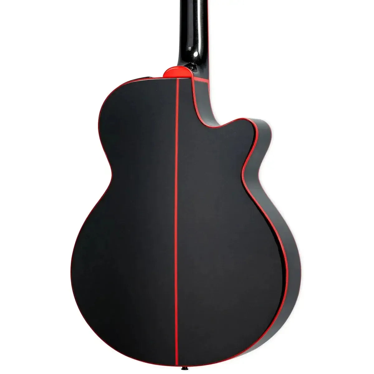 Takamine GF49CE-LH CB Black acoustic-electric guitar back with red binding and center stripe.