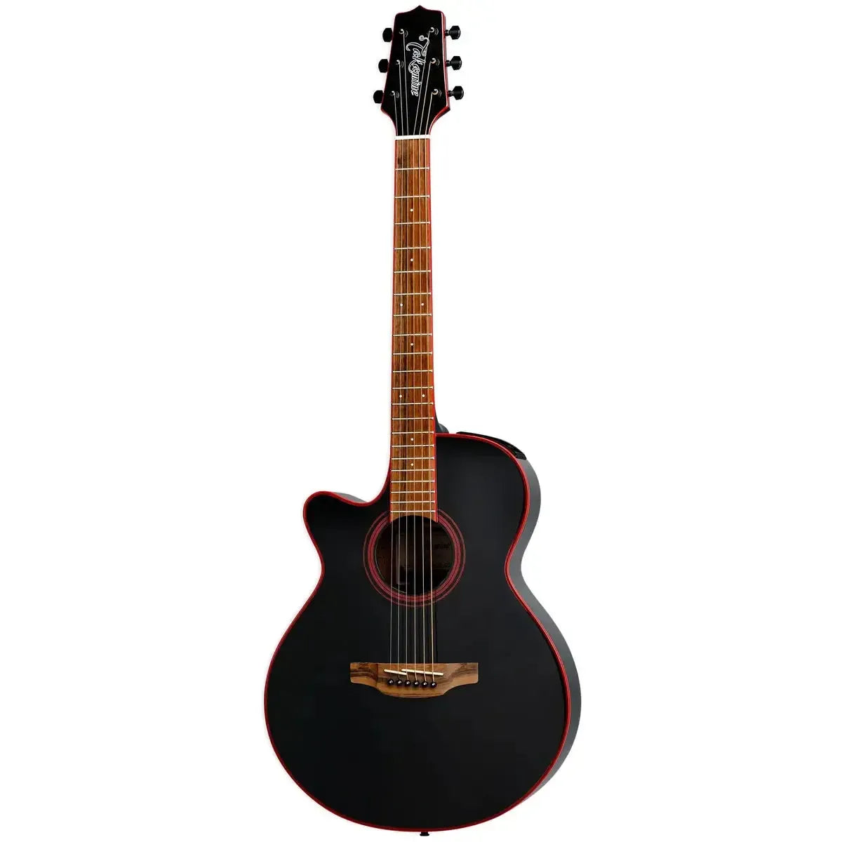 Takamine GF49CE-LH CB Black acoustic-electric guitar with red binding and cutaway.
