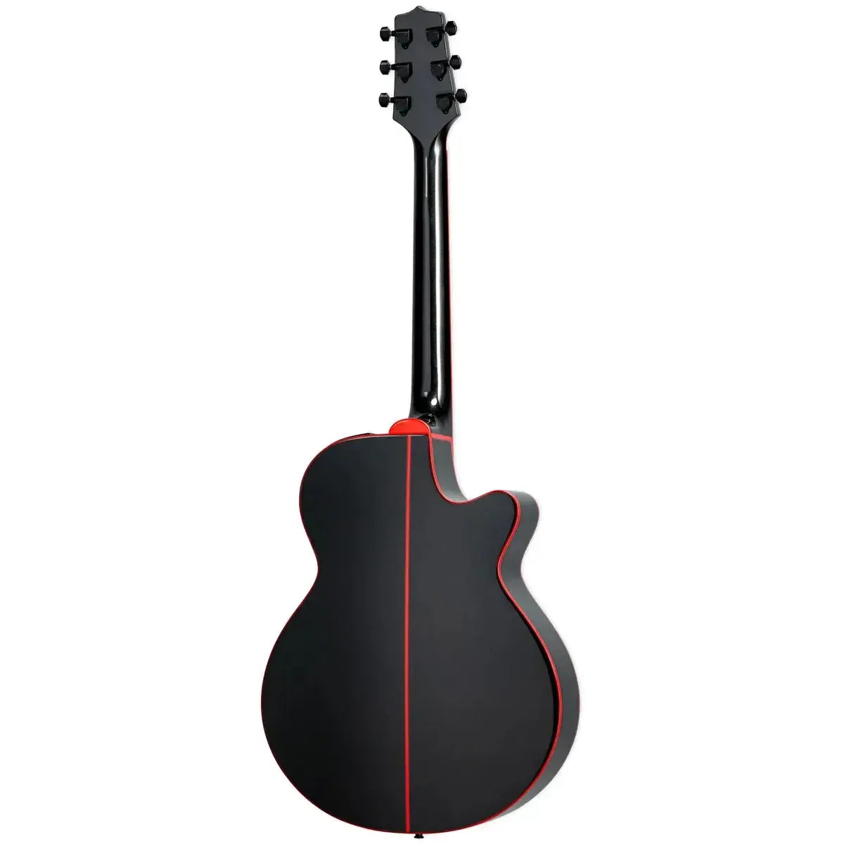 Takamine GF49CE-LH CB Black acoustic-electric guitar, back view, with red binding and cutaway.