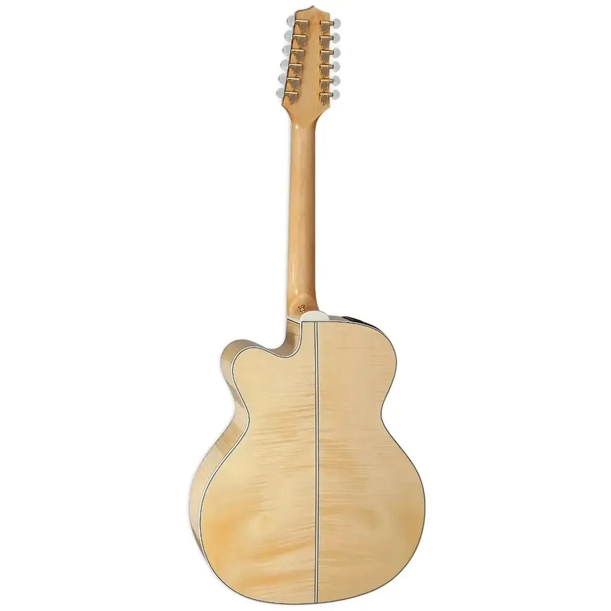 Back of a natural Takamine GJ72CE-12 12-string acoustic-electric guitar with flame maple back.