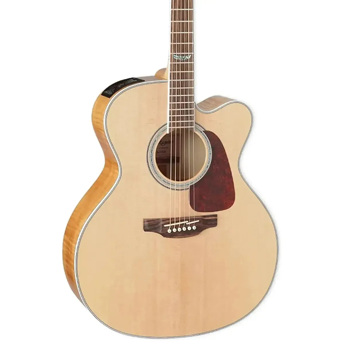 Takamine GJ72CE NAT acoustic-electric guitar, natural gloss finish, spruce top, flame maple back, cutaway body.
