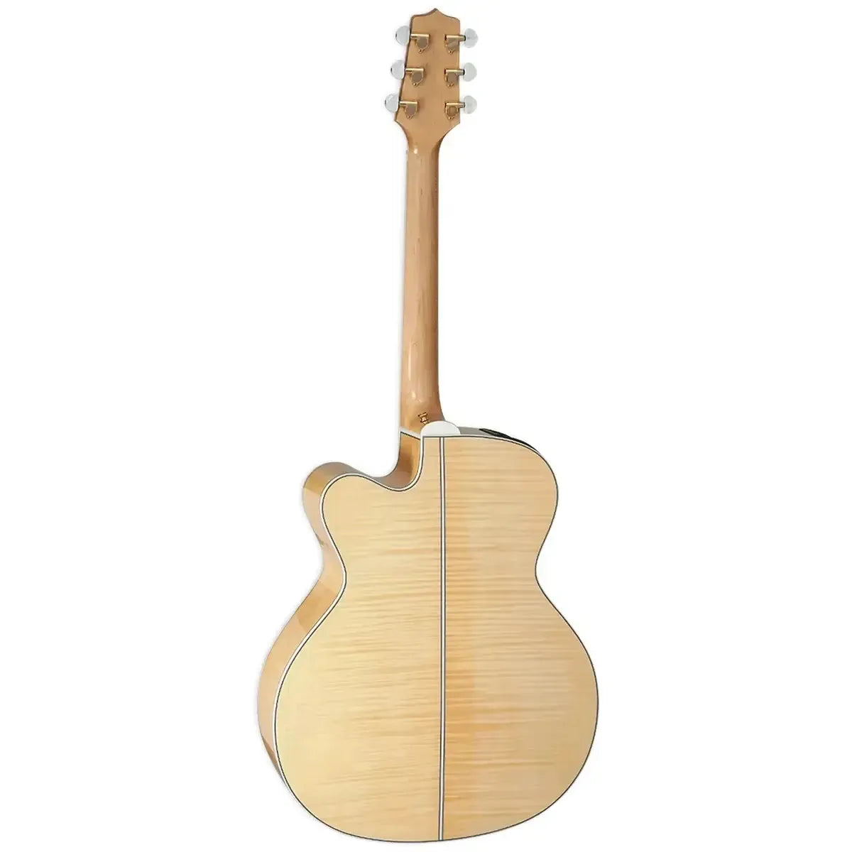 Back of a natural flame maple Takamine GJ72CE acoustic-electric guitar with a light wood neck and headstock.