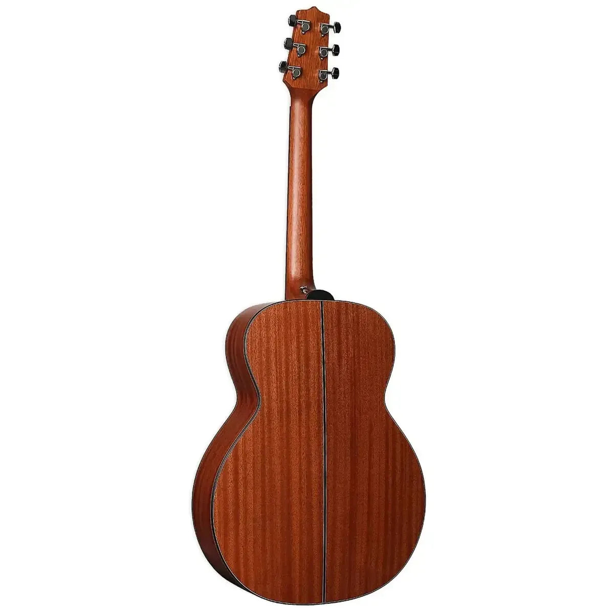 Takamine GN11M NS NEX acoustic guitar, back view, natural satin sapele finish, mahogany neck.