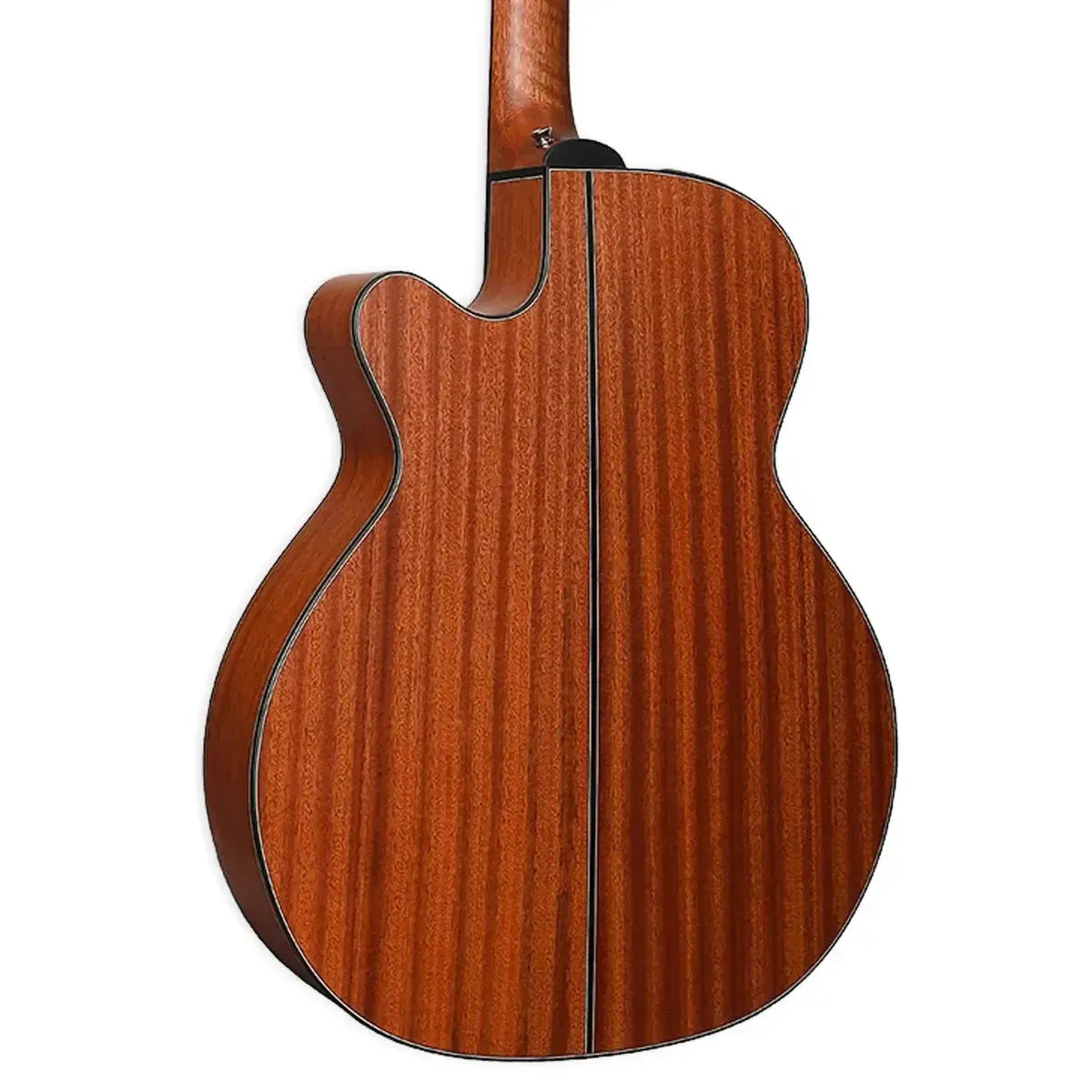 Back of a Takamine GN11MCE NS NEX acoustic-electric guitar, showing its natural satin sapele wood finish.