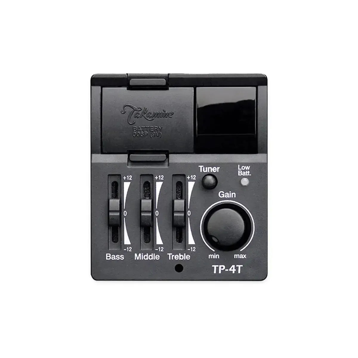 Takamine TP-4T acoustic-electric guitar preamp with black sliders, tuner, gain knob, and battery compartment.
