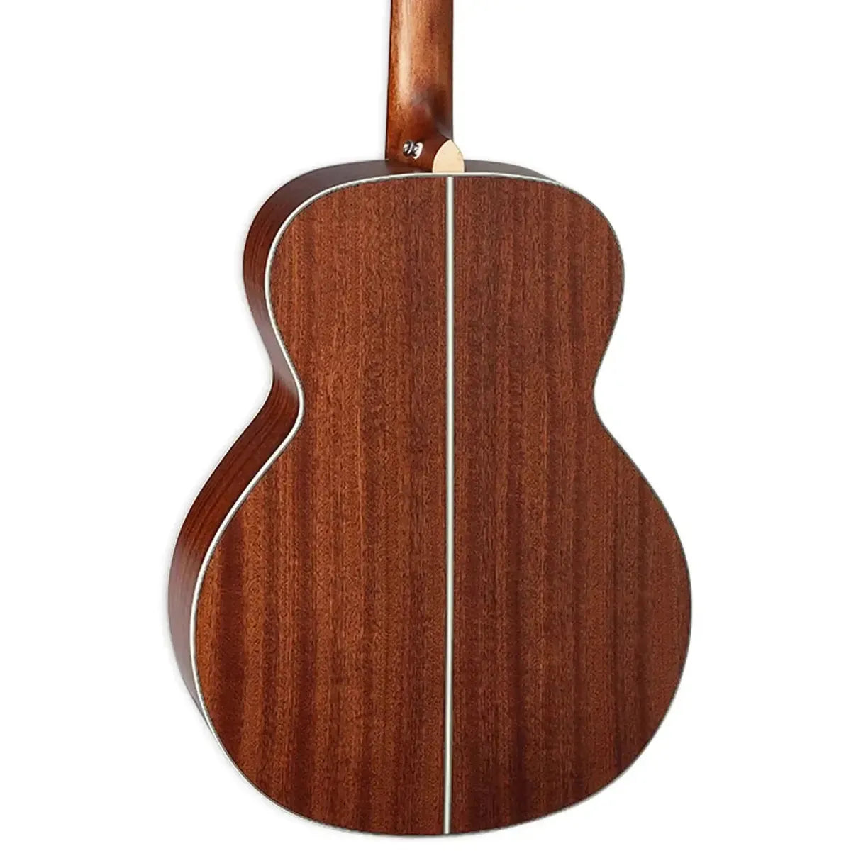 Takamine GN20 NS NEX Acoustic Guitar back, natural satin finish, solid okoume wood with white binding.