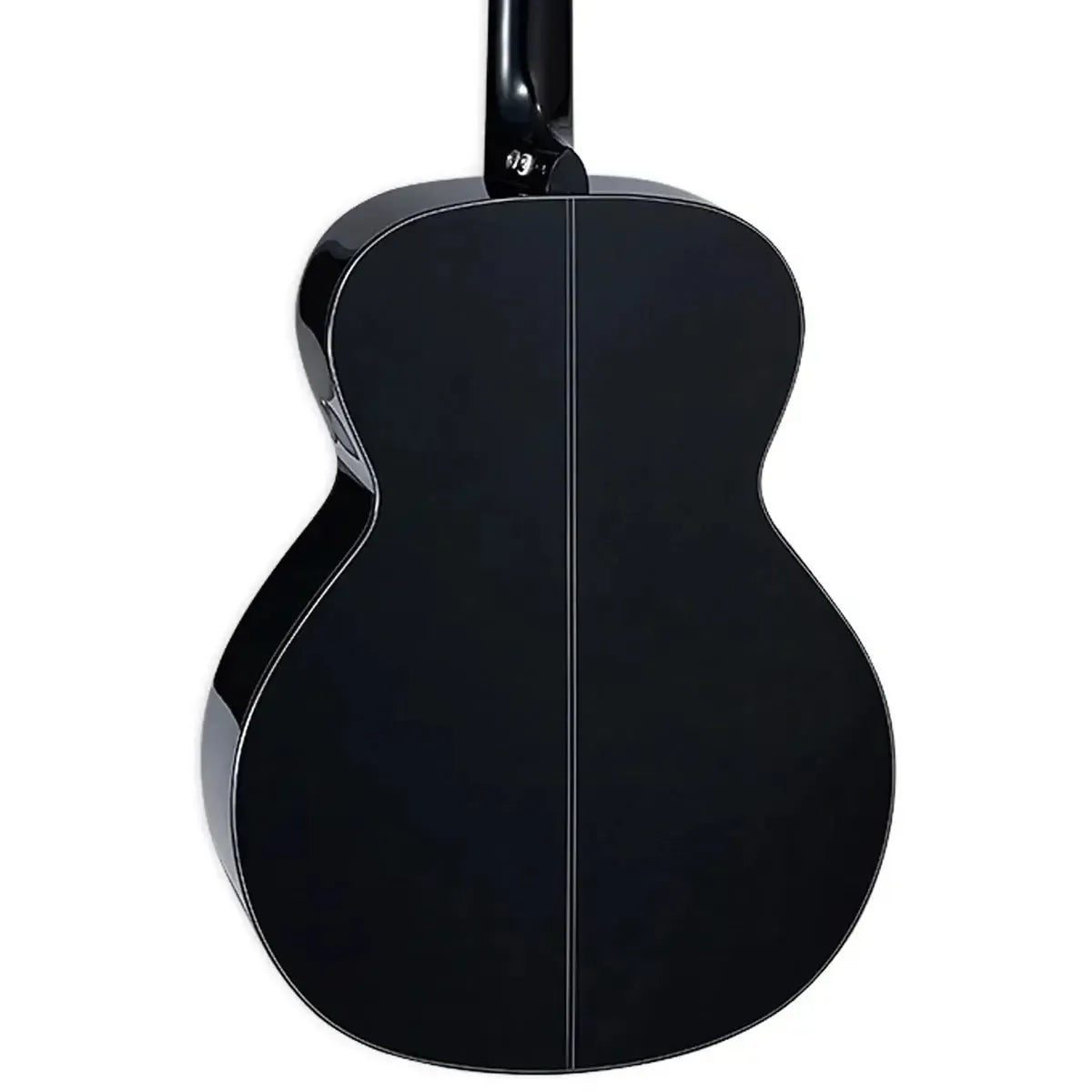 Back of a glossy black Takamine GN30 NEX acoustic guitar with a light-colored binding and center seam.