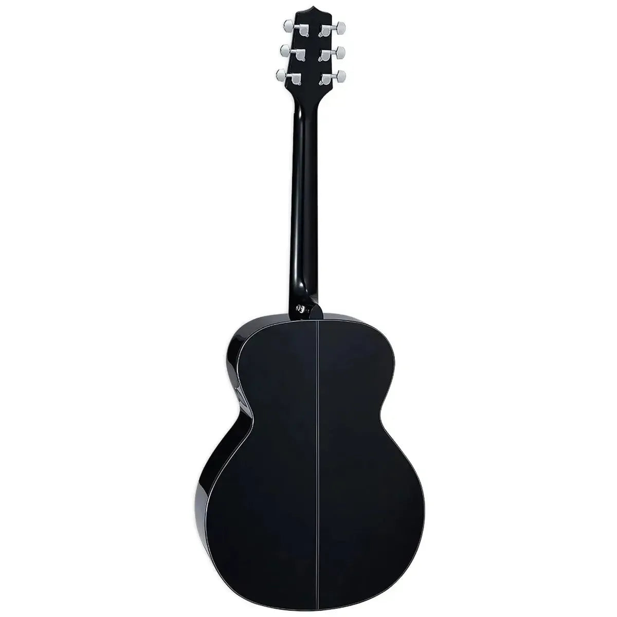 Takamine GN30 BLK NEX acoustic guitar, black, full back view with shiny finish and chrome tuners.