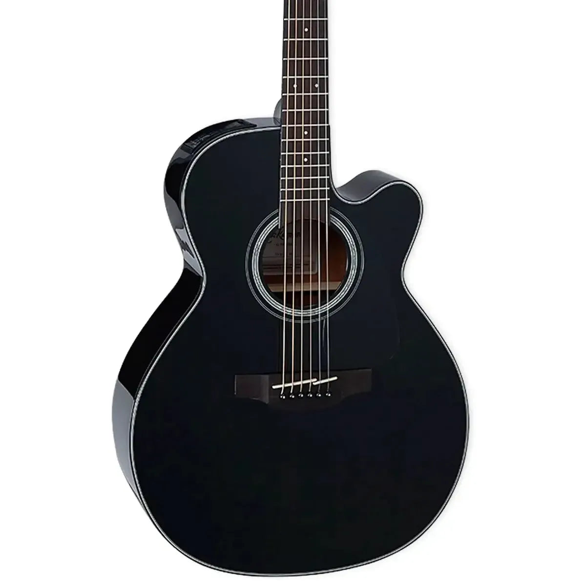 Takamine GN30CE BLK NEX acoustic-electric guitar, black finish, cutaway body, and soundhole rosette.