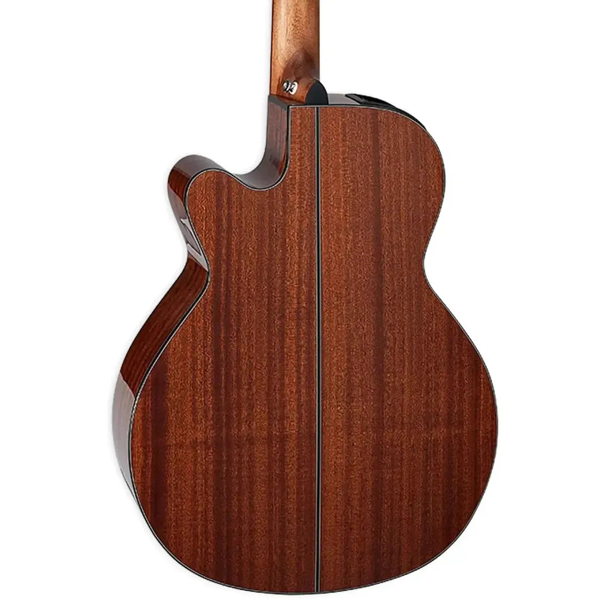 Back of a natural finish Takamine GN30CE NEX acoustic-electric guitar with dark wood grain.