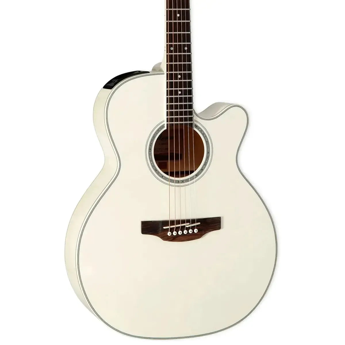 Takamine GN37CE PW Acoustic-Electric Guitar in pearl white with NEX cutaway body and rosewood fingerboard.