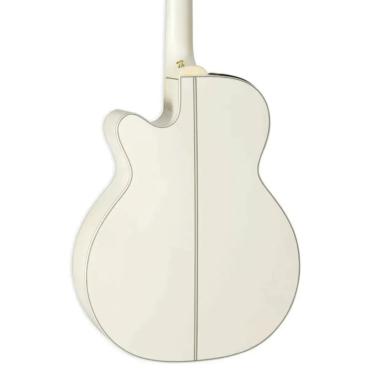 Back of a Takamine GN37CE PW acoustic-electric guitar in pearl white with a NEX cutaway body.