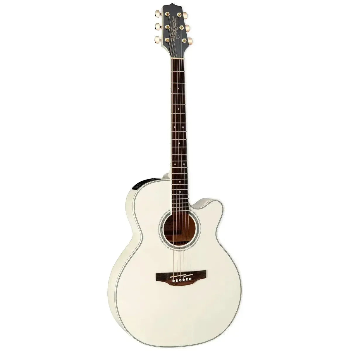 Takamine GN37CE PW Acoustic-Electric Guitar in pearl white with NEX cutaway body and rosewood fingerboard.