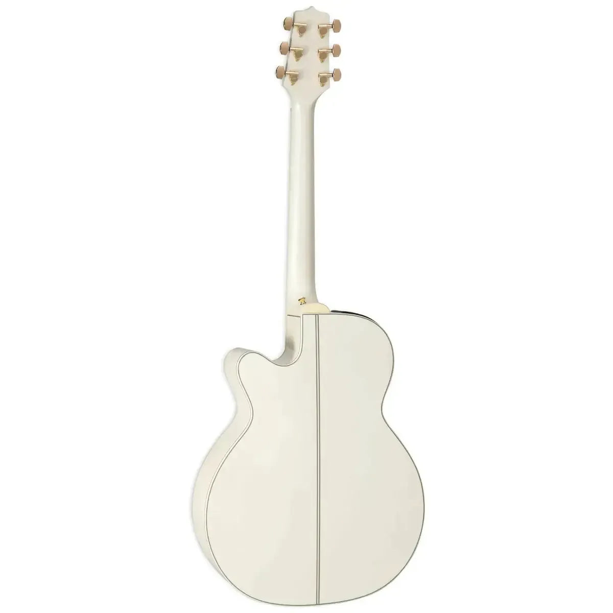 Back of a Takamine GN37CE PW Acoustic-Electric Guitar in pearl white with gold tuners and NEX cutaway.